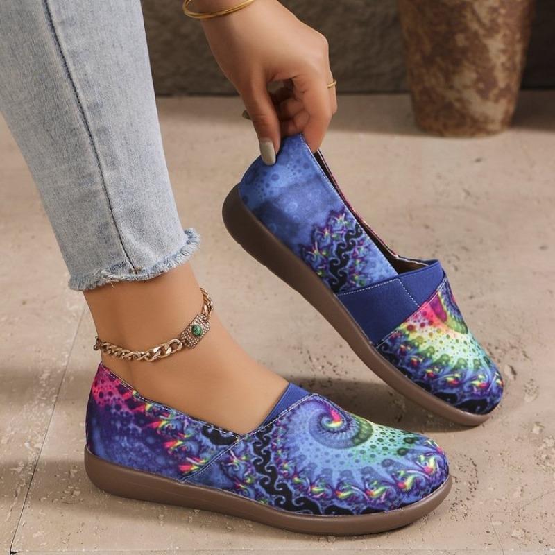 Plus Size Women's Flats Colorful Round-Toe Ethnic-Style Low-Cut Shoes Graffiti-Print Casual Versatile Shoes