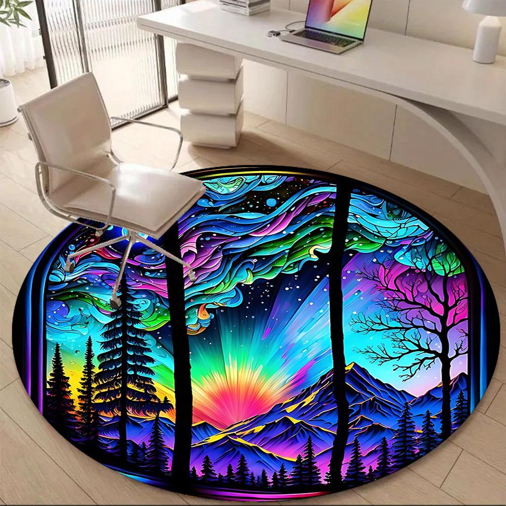 1PC StainedGlass Landscape Office Round Area Rug, Mat Suitable ForOffice, Under Office Chairs Bedroom Living Room Home Decor, Room Deco