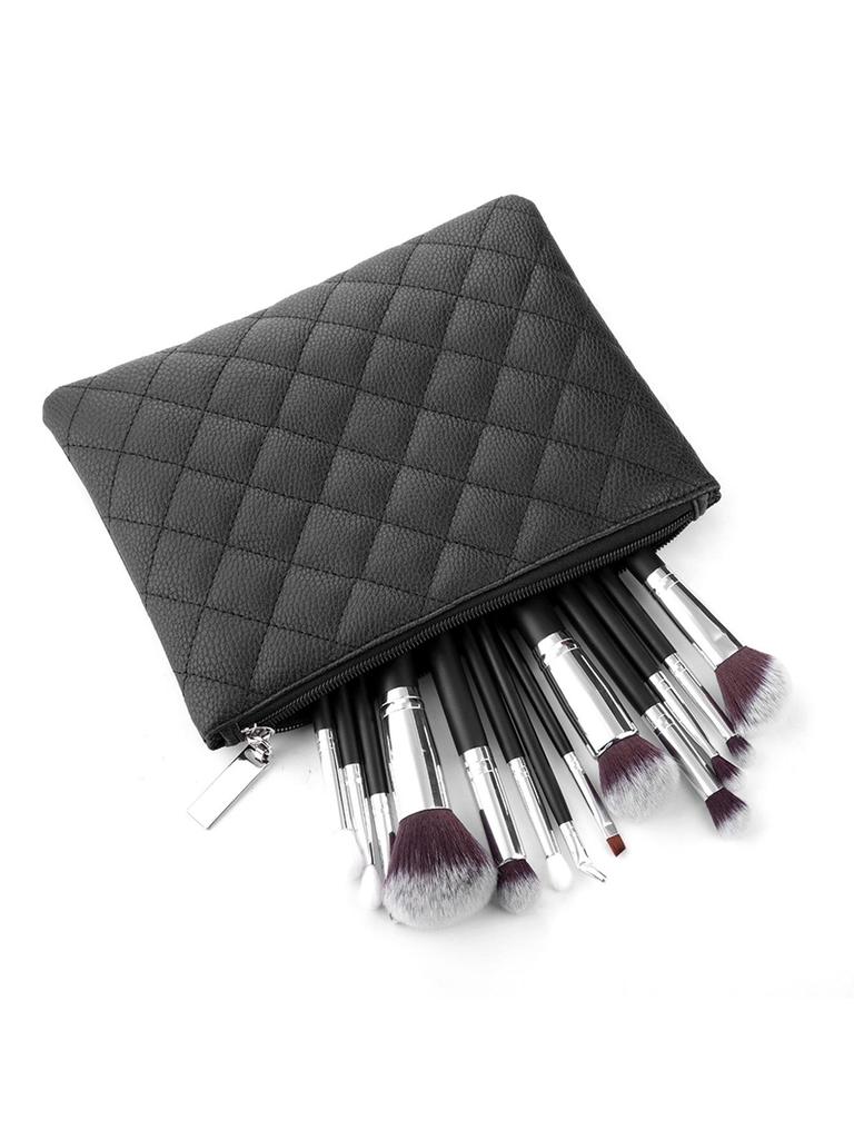 15-Piece Black & Silver Makeup Brush Set: Powder, Blush, Eyeshadow, Eyebrow & Highlighter Brushes with Soft Bristles