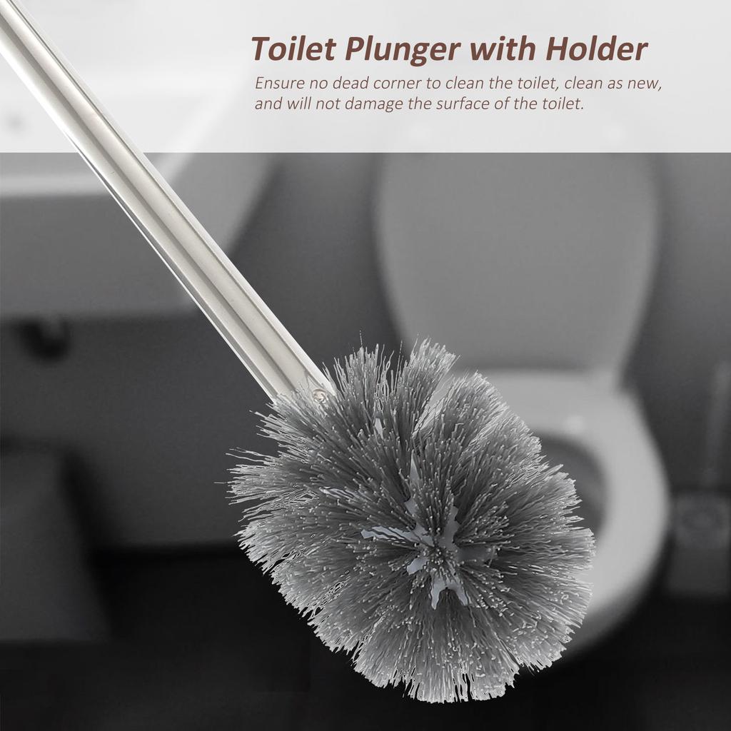 1Set Toilet Brush and Plunger with Holder Powerful Bathroom Cleaning Set Soft Non Scratch Bristles Compact Light Weight Easy
