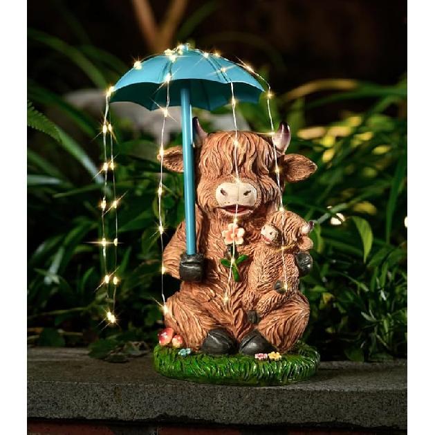 Garden Gnome Statues Resin Gnome Sitting on Highland Cow Solar LED Lights Outdoor Telescope Gnome Decorations