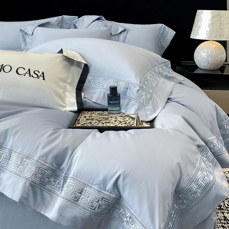 100% Ägyptische Baumwolle Weiß Luxus Stickerei Hotelstil Bettwäsche Set Bettbezug Set Flaches/Spannbettlaken Kissenbezüge 4-teilig