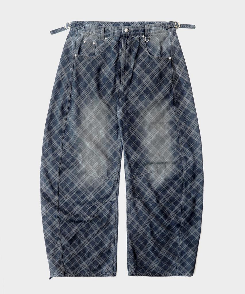 BADBLOOD Lion Patch Washed Barrel Pants - Blue Denim Check