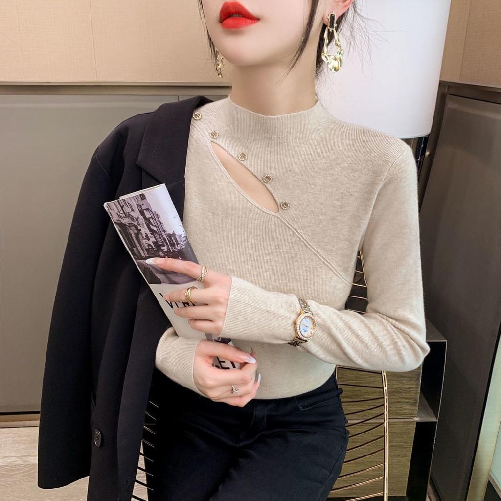 Pure collarbone top women's design semi-turtleneck long-sleeved knitted bottoming shirt women's solid color