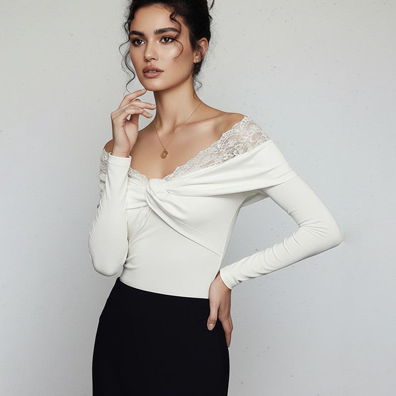 2026 Elegant White Lace Slim-Fit Off-Shoulder Patchwork Long Sleeve Jumpsuit Small белый