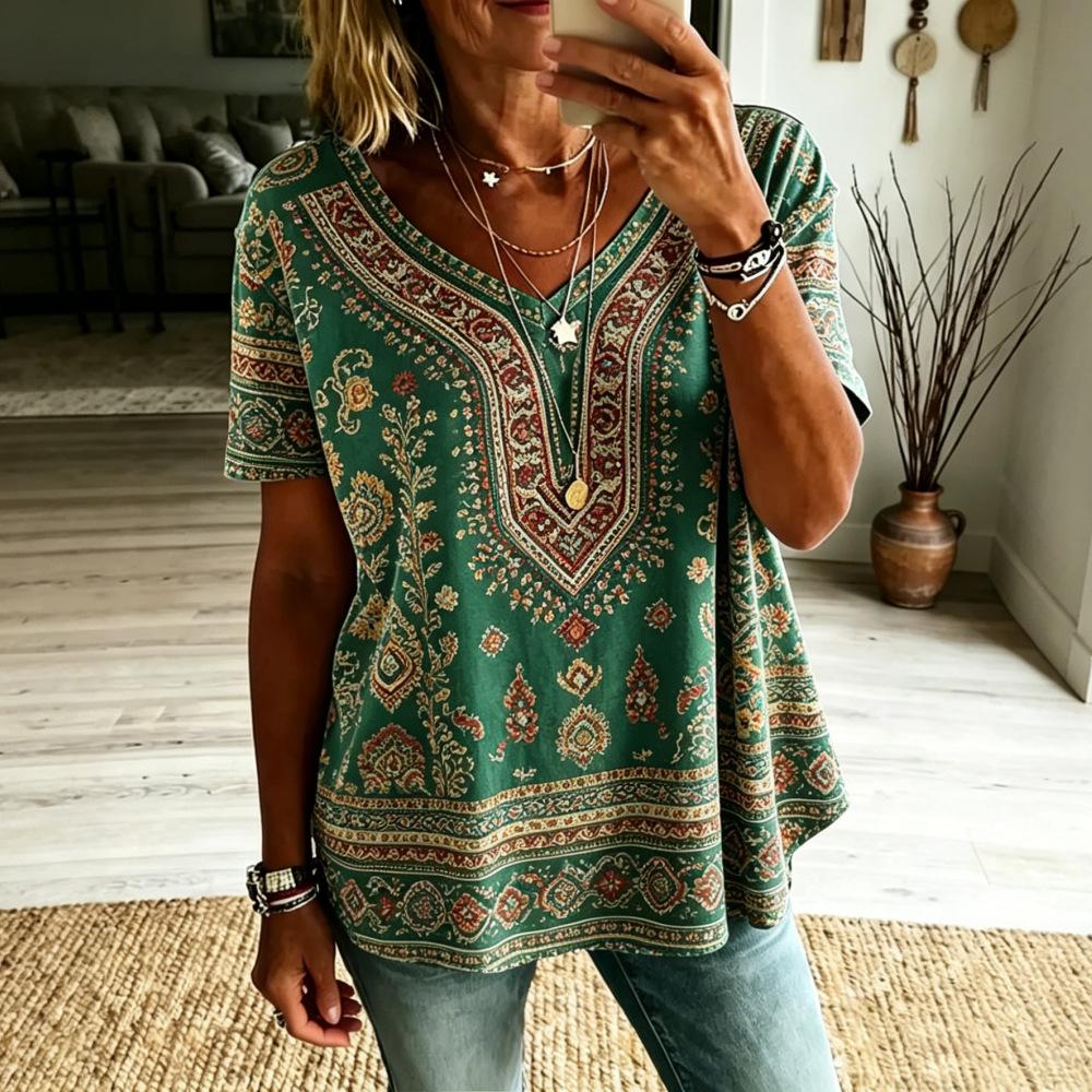 Women Boho Paisley Print Blouse V‑Neck Short Sleeve Ethnic Retro Loose Plus Size Casual Summer Tunic Top