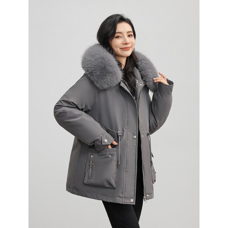 

Женская куртка с меховым воротником, капюшоном, съемной подкладкой, ветрозащитная, легкая, утолщенная, пушистая, теплая и холодостойкая, средней длины, повседневная, куртка-пирог на хлопковой подкладке L