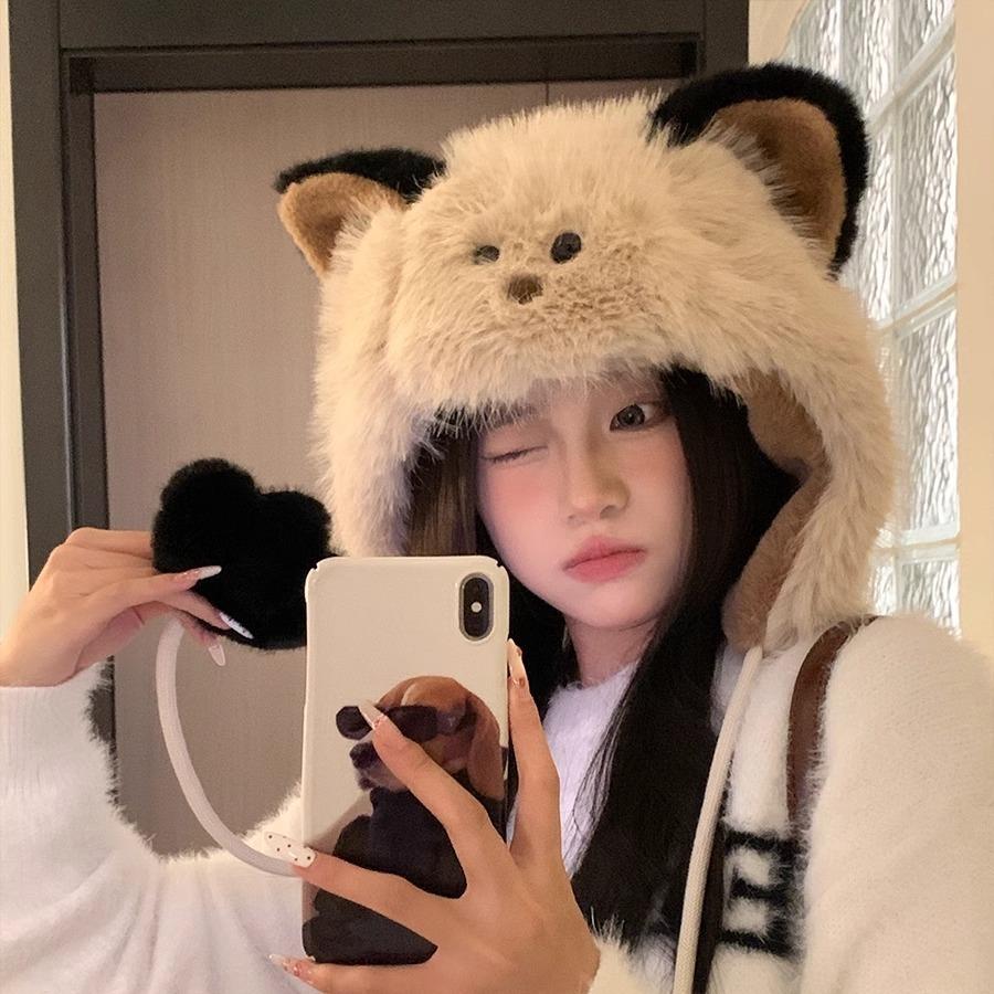 Cute Blush Fox Plush Hat Female Autumn And Winter Thickened Warm Ear Protection Lei Feng Cap Riding Ski Cap Tide