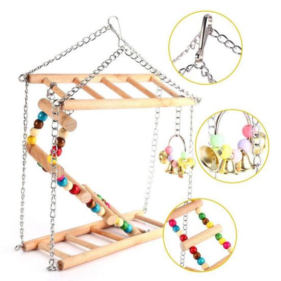 Beaded Bell Swing Double Climbing Ladder Stand Parrot Birds Toy Hanging Decor