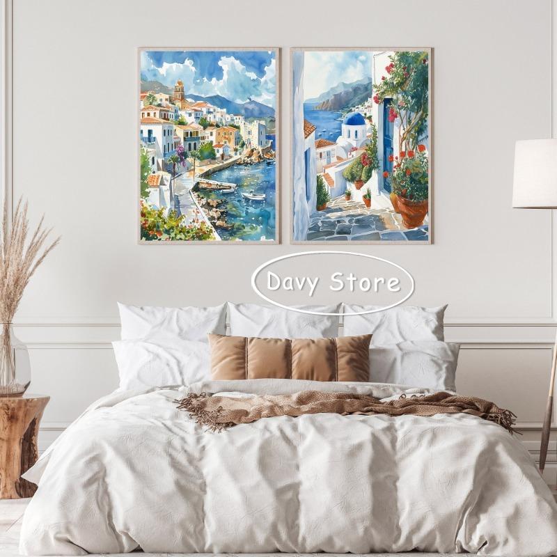 Peinture sur Toile Santorini Impression d'Art Grec Grèce Voyage Paysage Affiche Aquarelle Art Mural Image pour Salon Décoration Intérieure