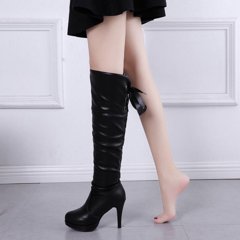 Autumn and Winter New Korean Version High Heels Women's Knee High Boots with Lace Up Casual Women's Martin Boots