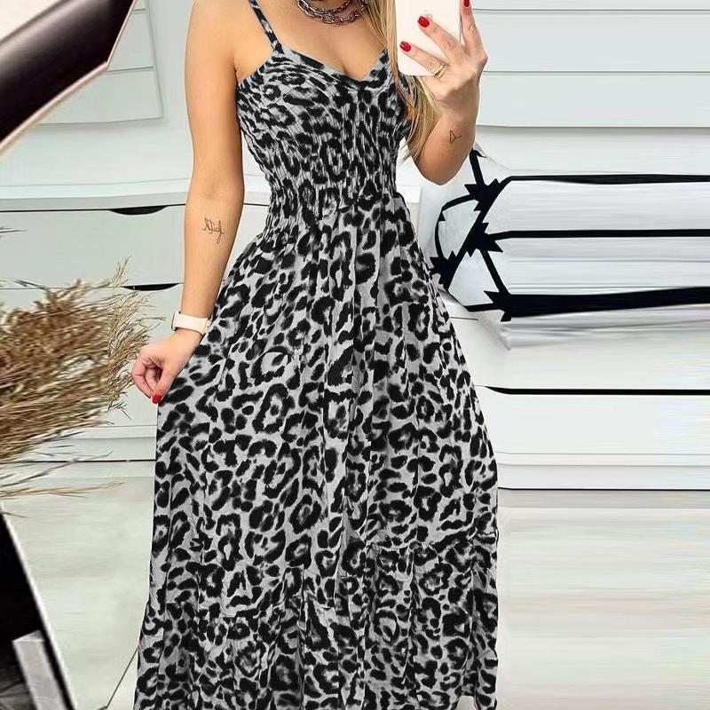 New Leopard Print Camisole V-neck Dress, High Waisted Dress, Sexy Temperament, Fashionable Long Dress