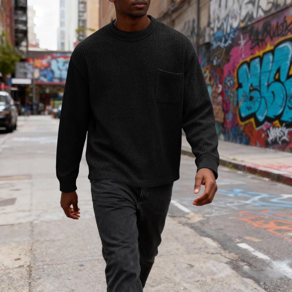 MensLong Sleeve Shirt Crewneck Pullover Sweatshirts Big And  T-Shirts Casual Relaxed Pullover  Pocket