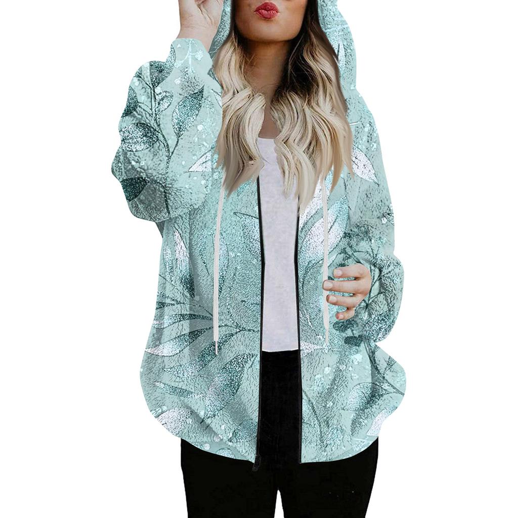 Women's Fashionable Casual Zippered Hooded Floral Printed Drawstring Furry Sweatshirt Jacket