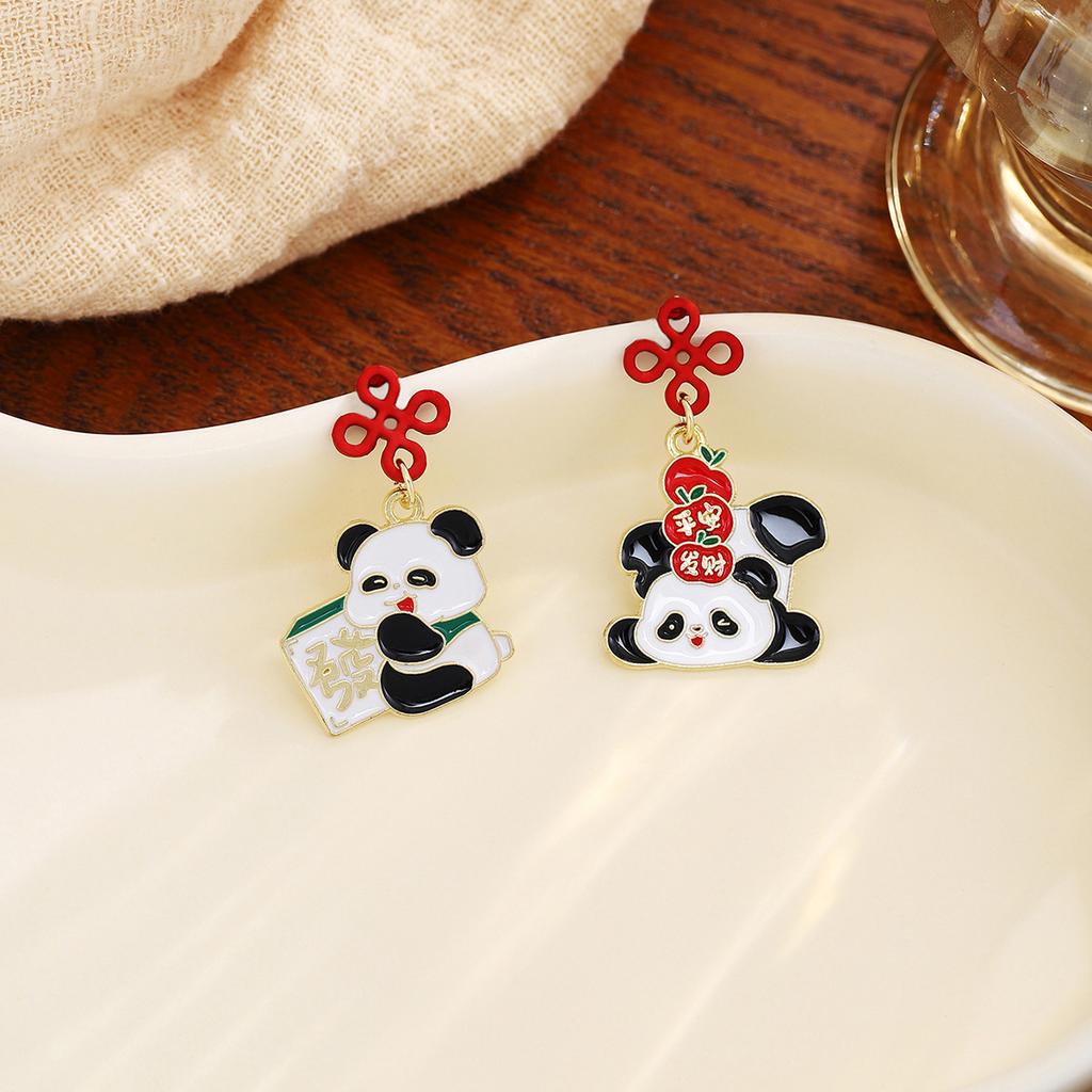 New Year'S Chinese Knot Lantern Cute Panda Earrings, Chinese Style Gong Xi Fa Cai Lucky Bag Pearl Earrings Women