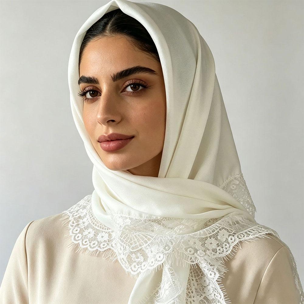 Satin Lace Trim Triangle Hijab Scarf Soft Silky Headscarf Floral Lace Edge Shawls Muslim Women Head Wrap Bandana Hair Scarf