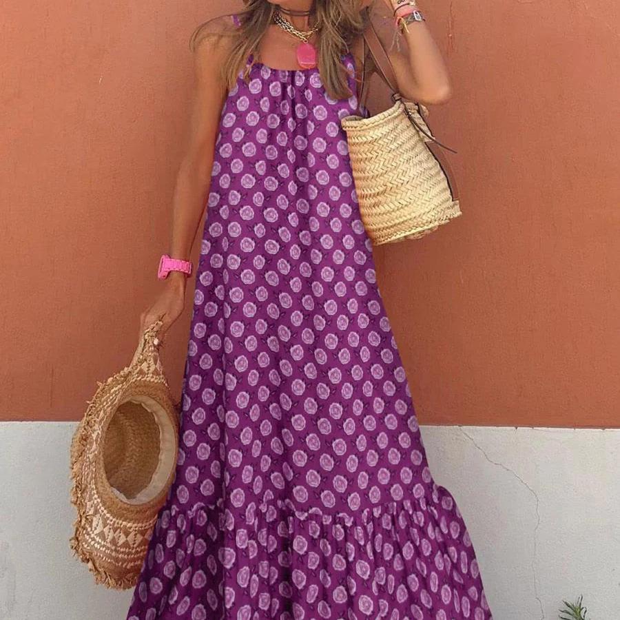 Bohemian Ruffle Edge Spaghetti Strap V-Neck Long Dress