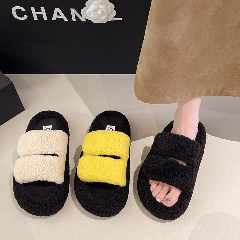 Thick-bottomed fluffy slippers for women's outer wear, one-word velvet to keep warm and increase height, autumn and winter 2025 new mink wool cotton s