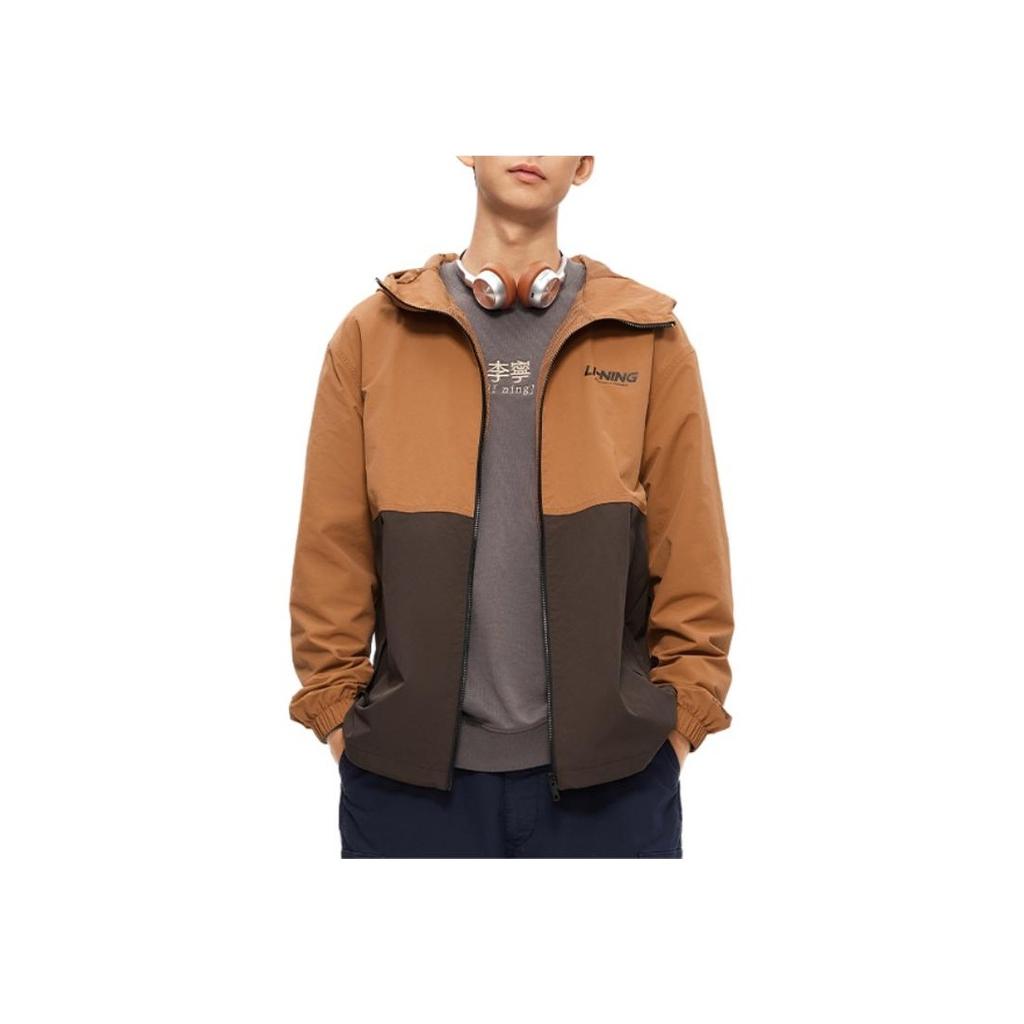 Li Ning Hooded Color Block Letter Zipper Sports Jacket Unisex Jacket Amber-Brown AFDU955-8