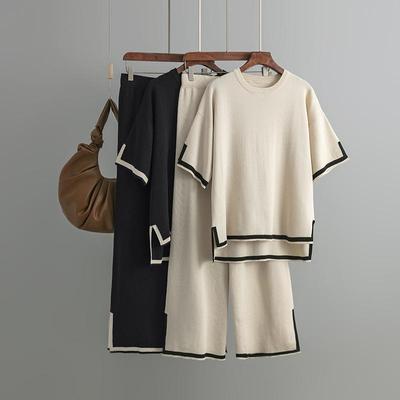 Women Temperament Contrast Color Split Short Sleeve Knitwea High Waist Slim Wide Leg Pants Two Piece Set