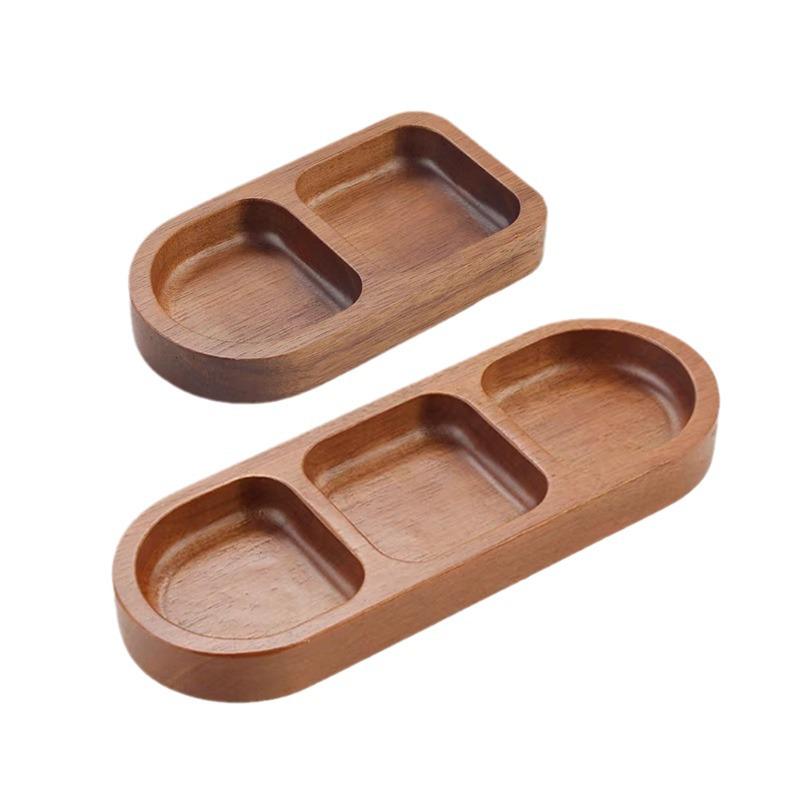 Acacia Wood 3-Compartment Condiment Dish, Snack & Sauce Plate for Hot Pot or BBQ.