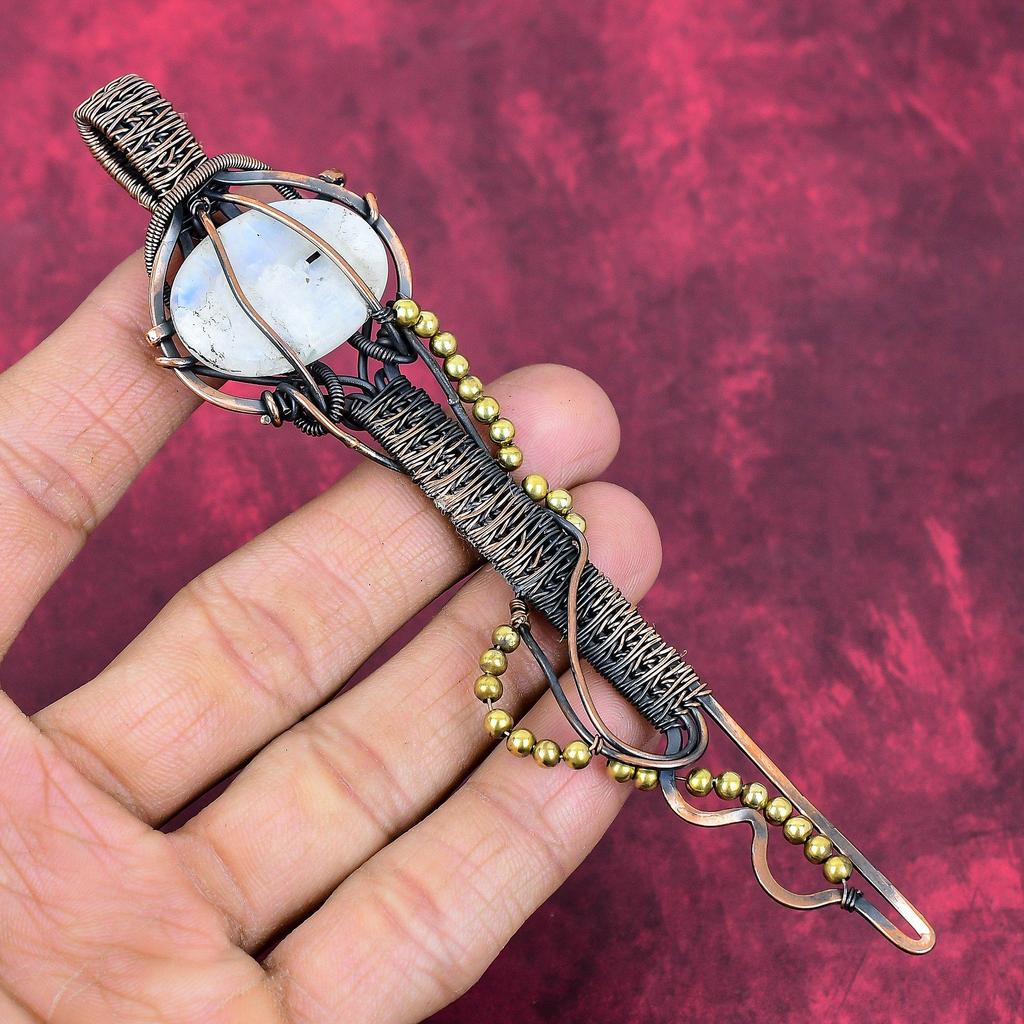 Rainbow Moonstone Pendant Copper Wire Wrapped Key Pendant Genuine Gemstone Pendant Decent Copper Wire Jewelry Handmade Pendant Gifts for Him
