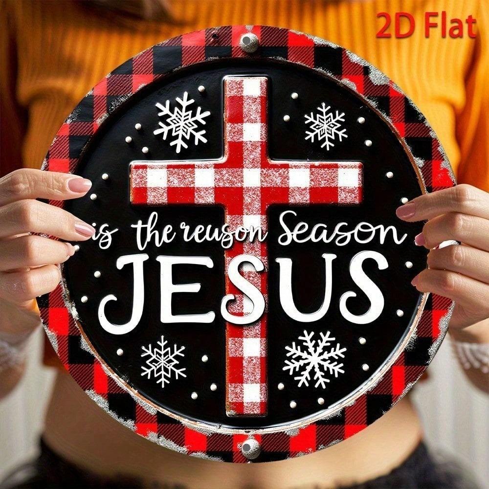 LovelyAlley 8 Inch Round Metal Wall Sign Wreath Design Xmas Home Decor Snowflake Plaid Border