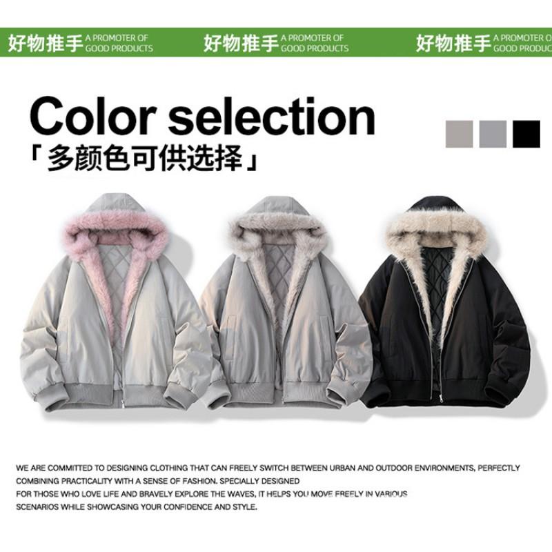 Mens Winter Hooded Thickened Fleece-Lined Warm Jacket With Fur Trim Windproof Casual Outerwear