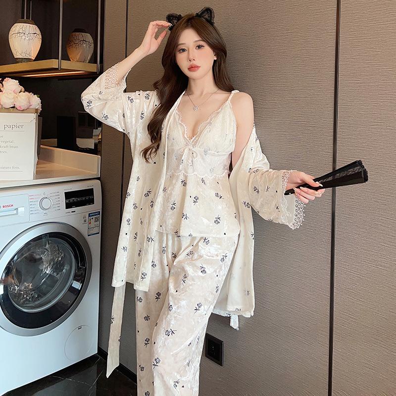 

Женский пижамный комплект из 3 предметов, кружевной комбинезон, халат, пижама, осенняя и зимняя бархатная домашняя одежда, пижама, повседневная одежда XL