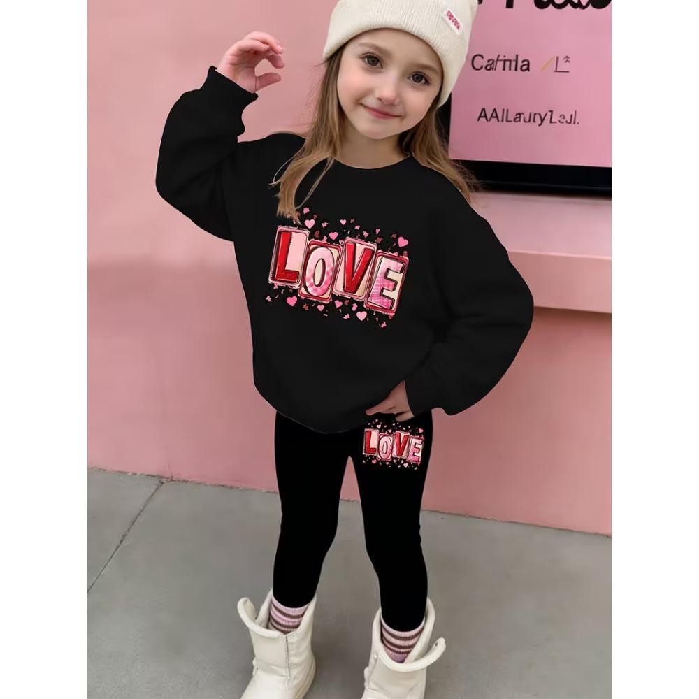 Girls' Sweet Heart Casual Comfortable Soft Loose Pullover Sweatshirt and Leggings 2-Piece Set, New Autumn/Winter, Playful, Sweet and Cool Style