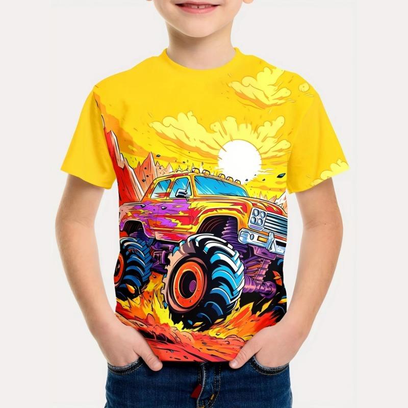Boy's Fashion 3D Printed T-Shirt - Short Sleeve Crew Neck Casual Streetwear Bike Design for Young People