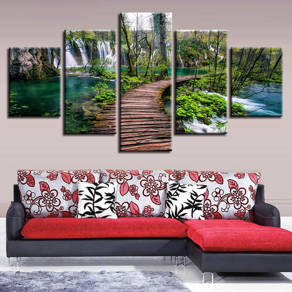 Canvas Kunst Schilderijen 5 Delen Bergstroom Waterval Brug Posters Landschapsschilderijen Woondecoratie Woonkamer Decoratie