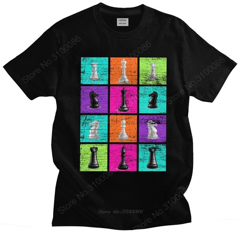 Retro Chessmen Chess T-shirt Men Cotton Chess T Shirt Chessboard Game Tee Tops King 60s Board Game Horse Fan Player Tshirt