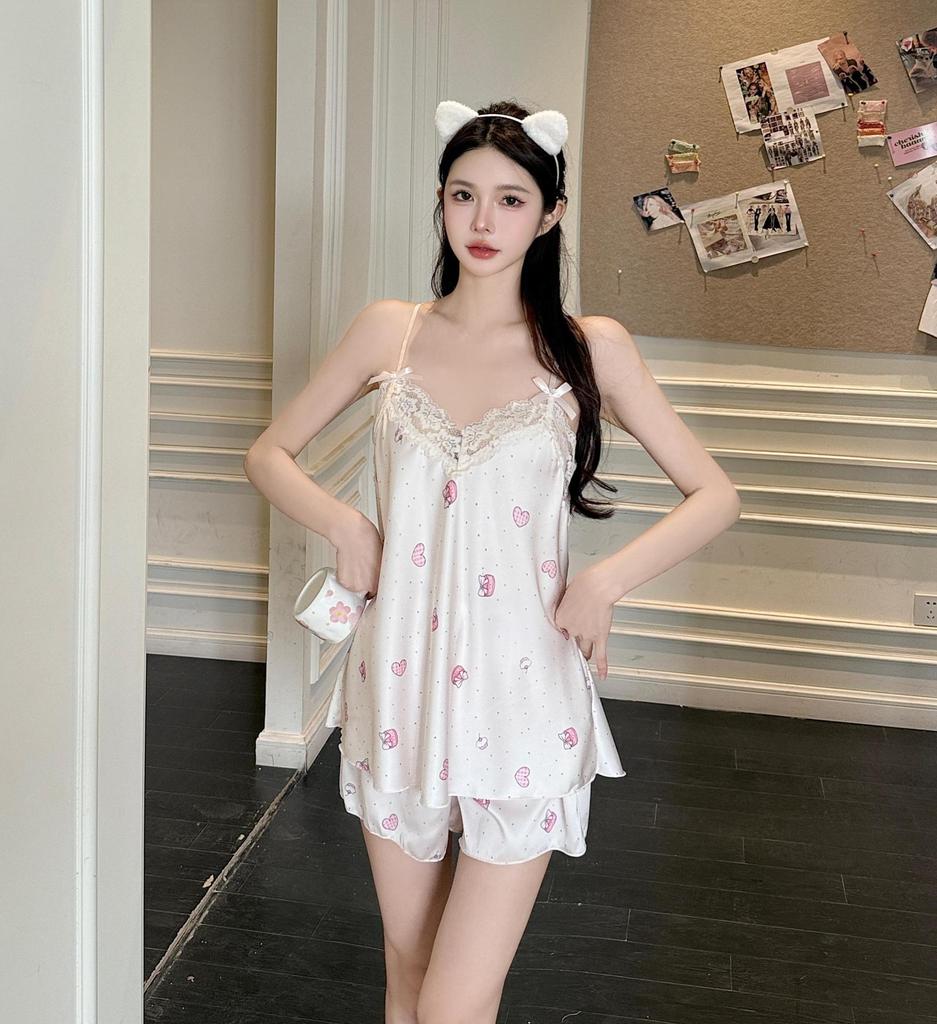 New Pajamas Women's Pure Desire Wind Suspender Shorts Loungewear Printed Pajamas Set Lace