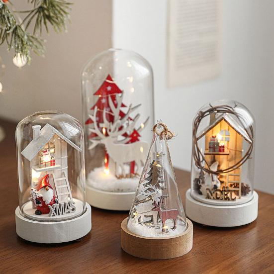 Yousheng Christmas Figures in Glass Dome Tabletop Decoration LED Light Up Christmas Cloche Ornaments for Indoor Home Tabletop Decor
