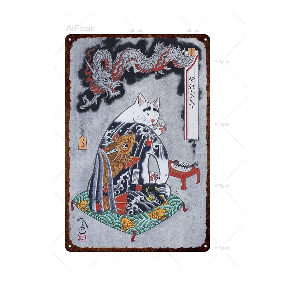 Vintage Japanese Samurai Cat Tin Sign  Retro Metal Wall Art for Home Decor  xCM  Unique Animal Tattoo Design