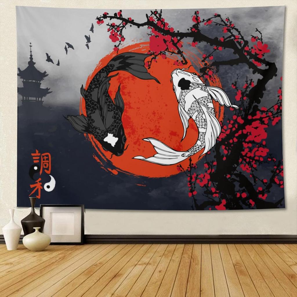 Japanese Yin Yang Koi Fish Tapestry Anime Cherry Blossom Wall Hanging Party Decorations Home Decor For Bedroom Living Room Dorm