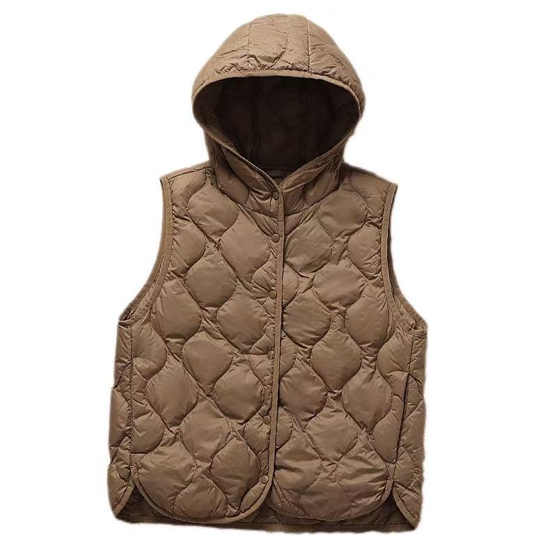 Herbst und Winter Neu Damen Leichte Kapuzen-Daunenweste Rundhalsausschnitt Kurz Warm Entenflaum Tragbar Tanktop Groß