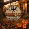 Vintage Style Seasonal Sign My Haunted Place Halloween Door Sign, Rustic Metal Entryway Decor Hanging Festive Decoration for Front Indoor Cemetery