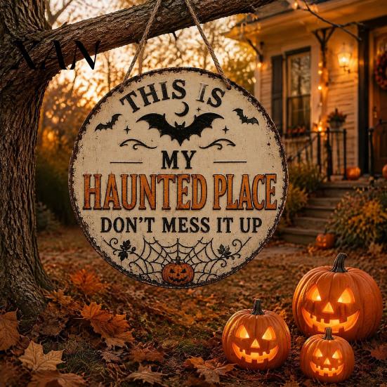 Vintage Style Seasonal Sign My Haunted Place Halloween Door Sign, Rustic Metal Entryway Decor Hanging Festive Decoration for Front Indoor Cemetery