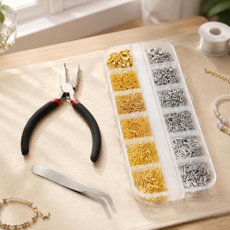 1,200-Piece Jewelry Repair Findings Kit with Multiple Jump Ring Sizes, Lobster Clasps, Hand Tools and a Compartment Storage Box for Jewelry Making
