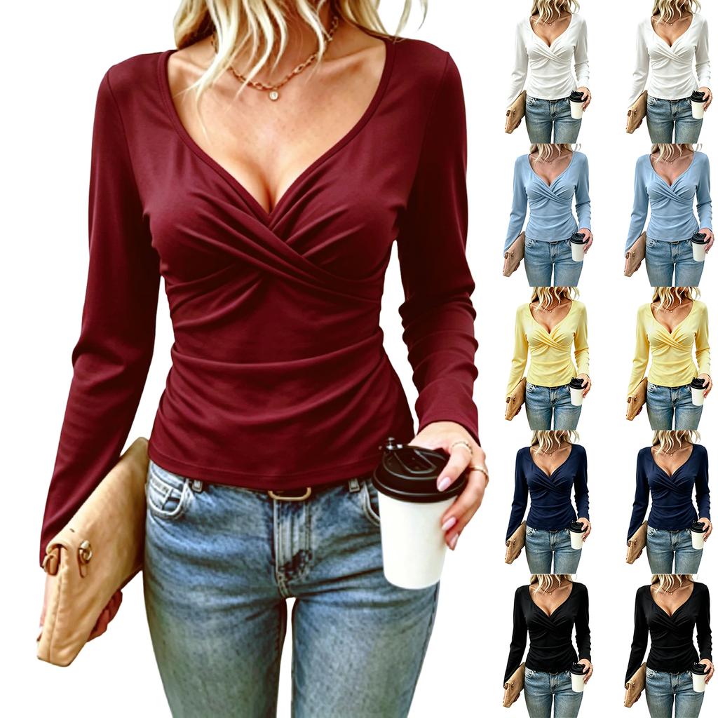 Women's Long Sleeve V-Neck Blouse Elegant Color Cross Front Top for Fall