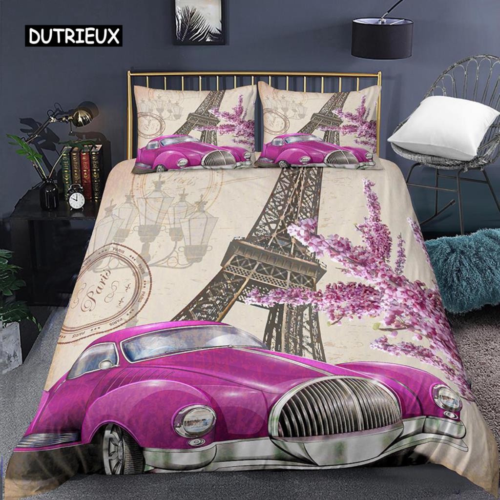 Eiffel Tower Duvet Cover Set Microfiber Paris France Comforter Cover Love Letters French Theme Retro Bedding Set Romantic Gifts