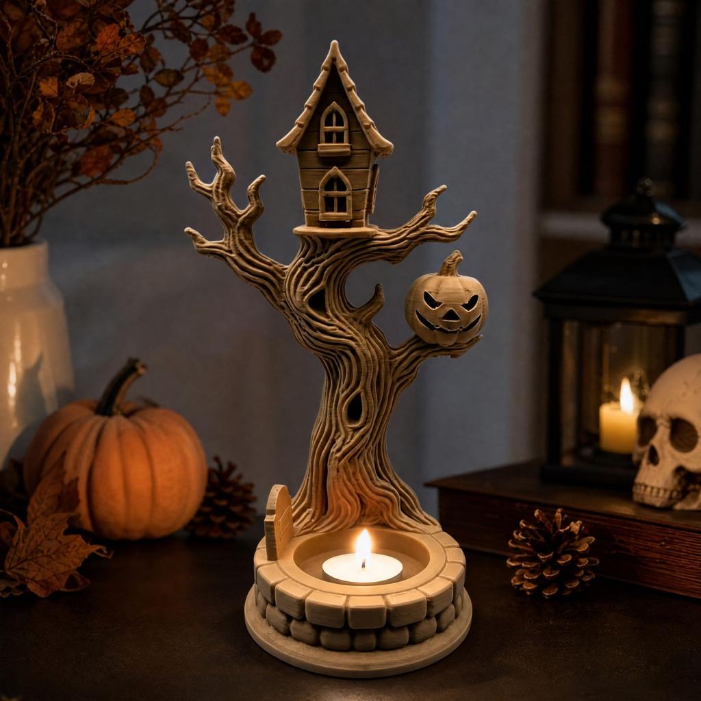 Halloween Tree House Tealight Candle Holder with 3D Printed Pumpkin Tabletop Decor