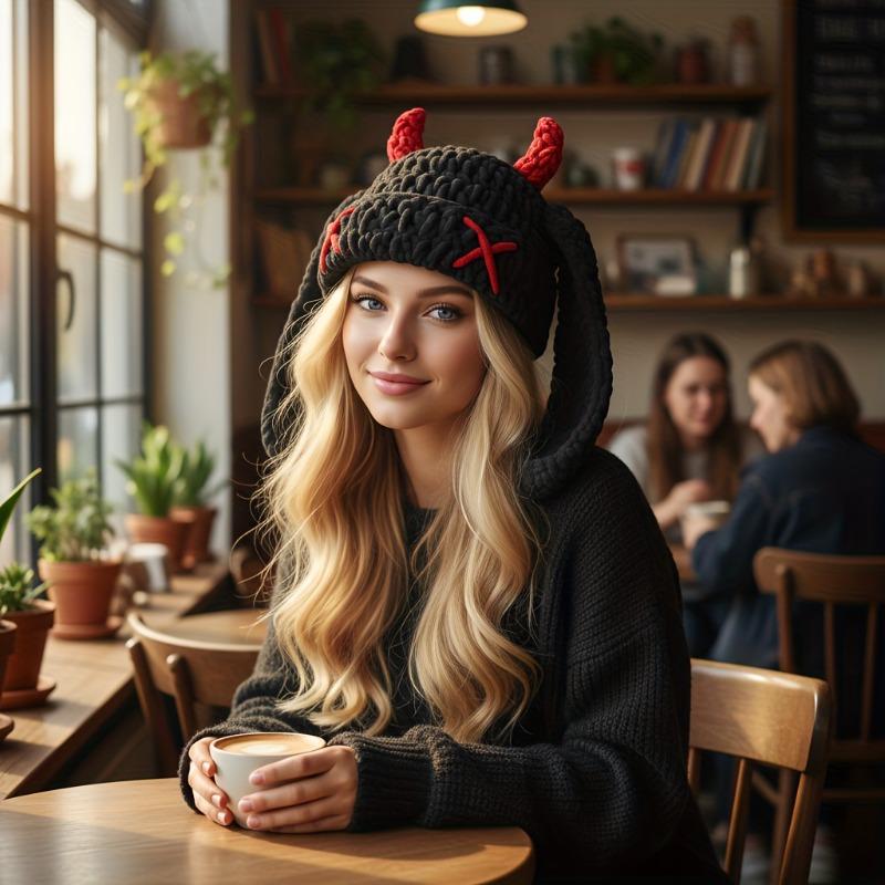 Miniso Fun Devil Novelty Women's Hat, Unique Street Style Long Ear Warm Beanie Hat for Men and Women