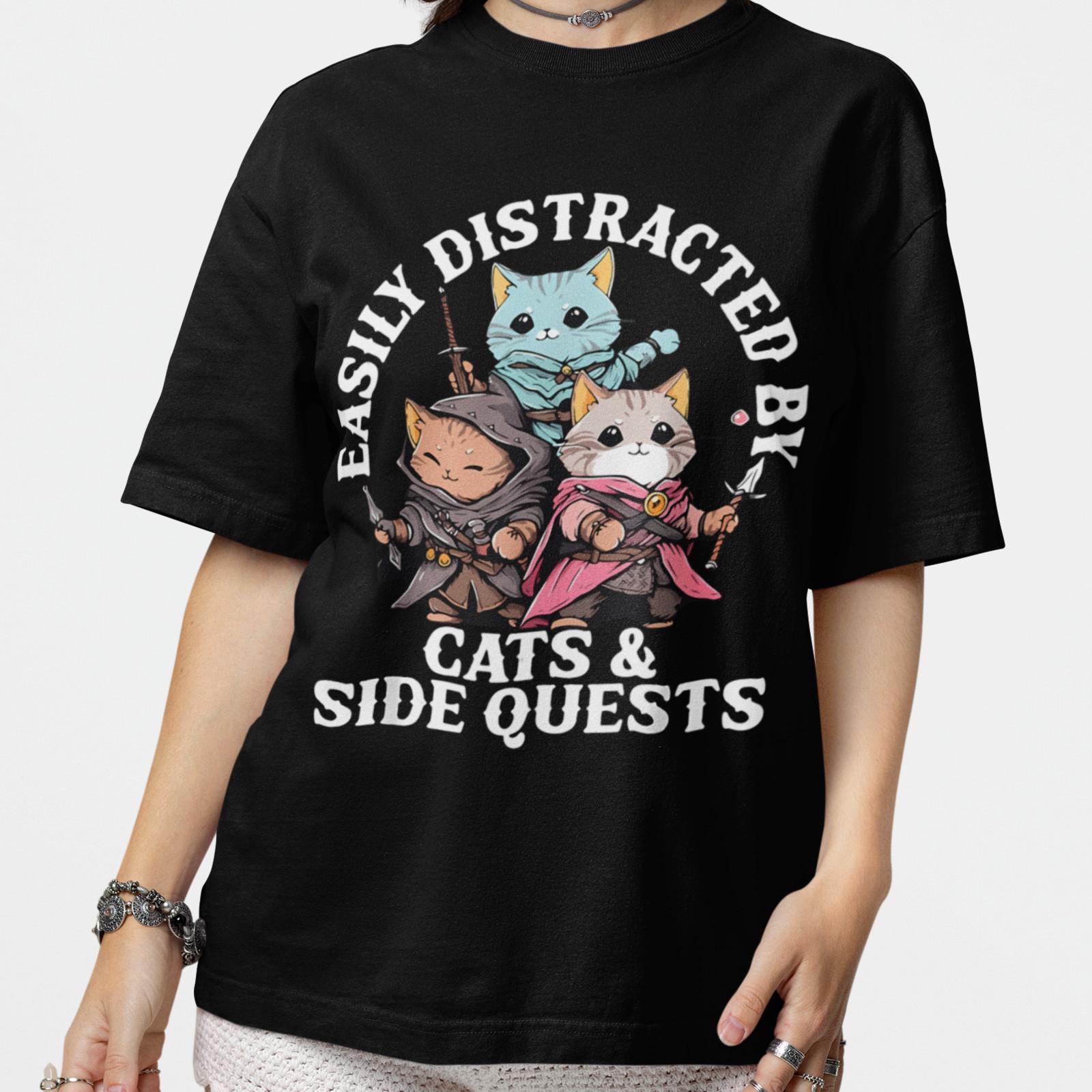 Easily Distracted by Cats & Side Quests Shirt Funny Gamer Cat Tee XXXXL