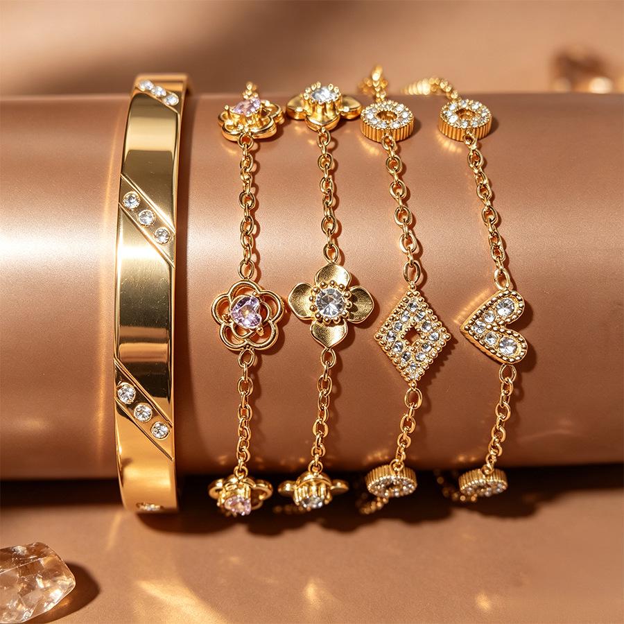 Luxury Rhinestone Titanium Steel Bracelet Set: Four-Leaf Clover & Heart Rhombus Versatile Women's Jewelry