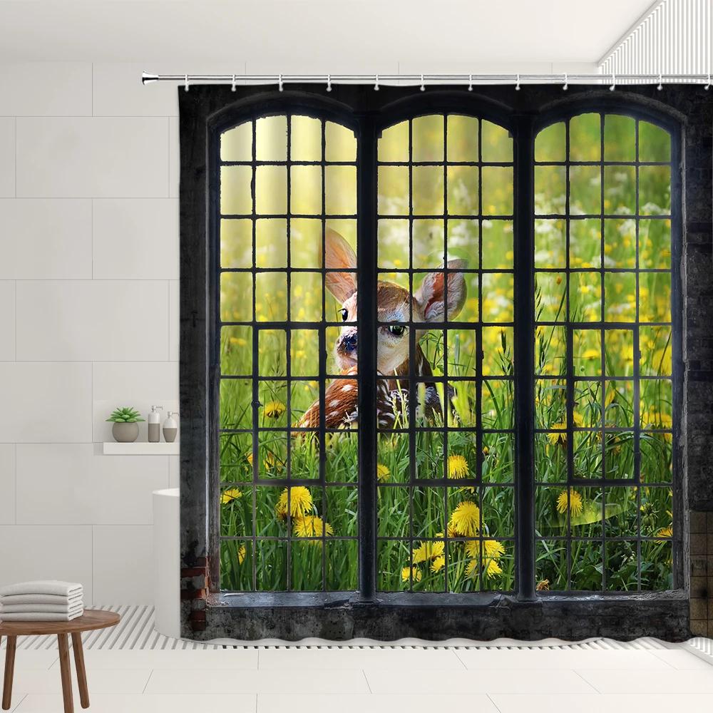

3D Windows View Shower Curtain Set Autumn Forest Waterfall Deer Butterfly Flowers Plants Homestay Bathroom Bathtub Decor Screens W90XH180cm