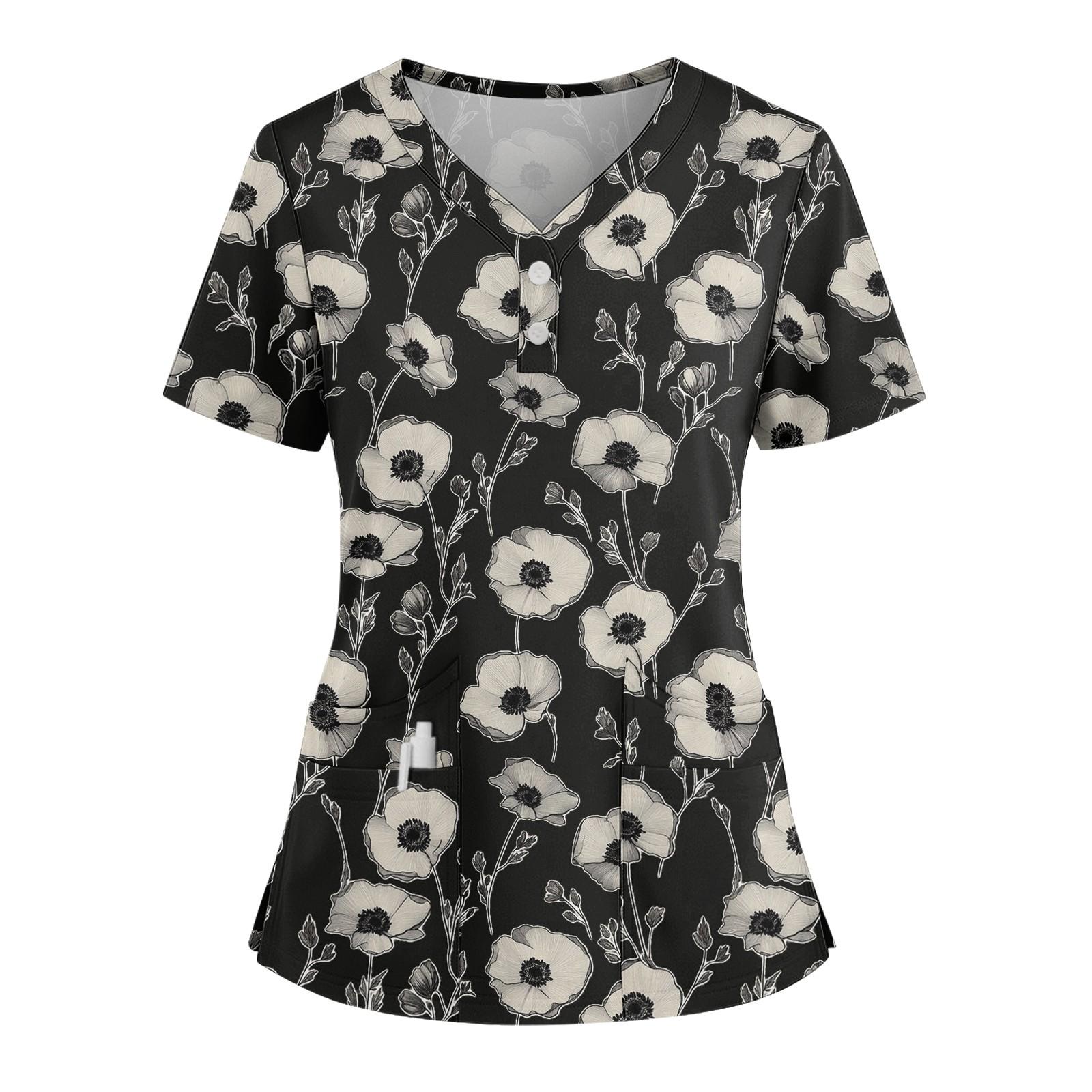 

Женская свободная футболка с коротким рукавом, модным принтом цветов и растений, V-образным вырезом, застегивающаяся на пуговицы, с боковым разрезом XXXL чёрный