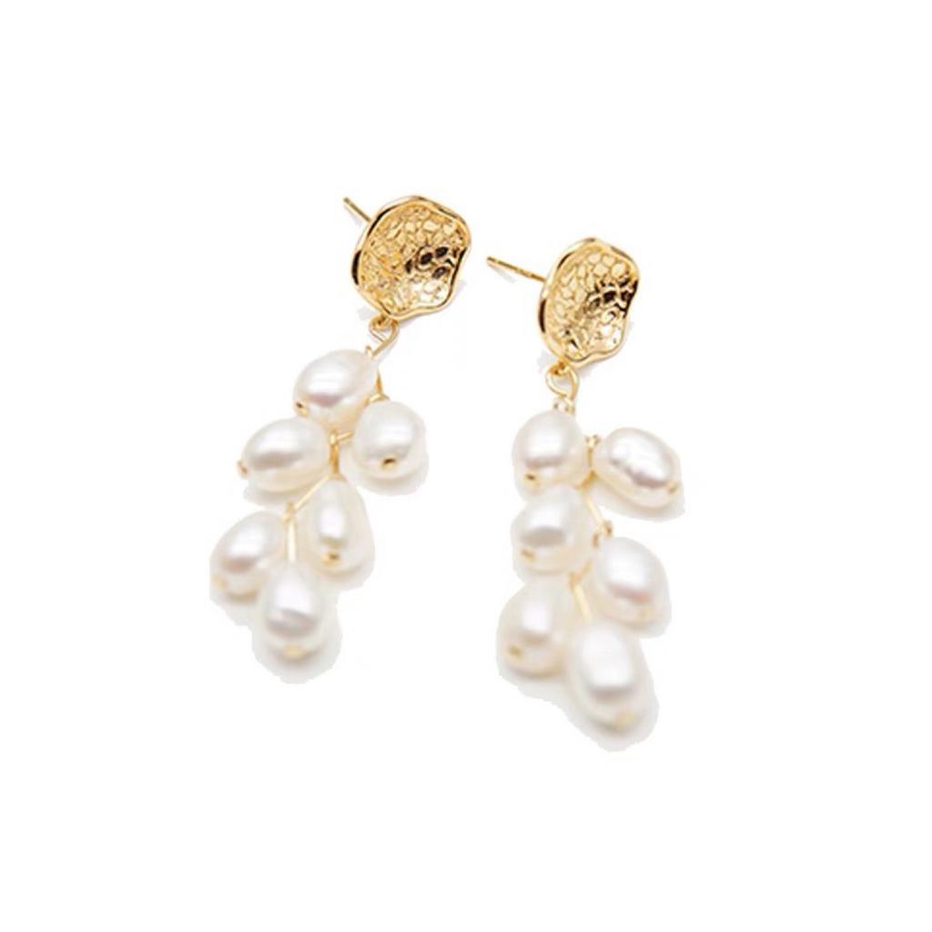 Natural Freshwater Baroque Pearl Pendant Earrings, Multi-strand Wheat-ear Design, Versatile and Minimalist Abstract Stud Earrings for Women